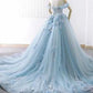 Blue tulle lace long prom gown, blue evening dress  cg6069