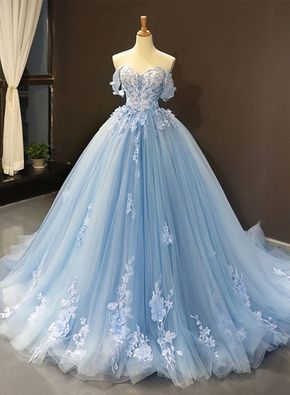 Blue tulle lace long prom gown, blue evening dress  cg6069