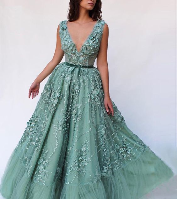New 3D Lace Applique Green Tulle V Neck Long Evening Dress, Formal Prom Dress  cg6080