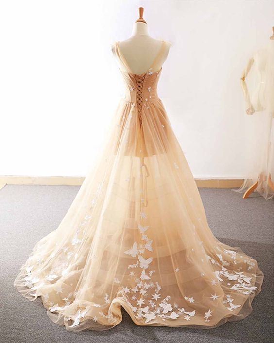 Sweetheart champagne tulle floor length customize evening prom dress  cg6093