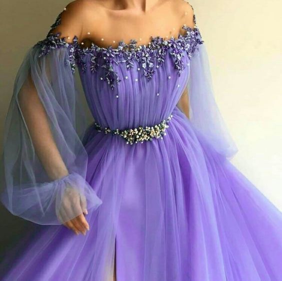 A line round neck purple prom dress with slit  cg6098