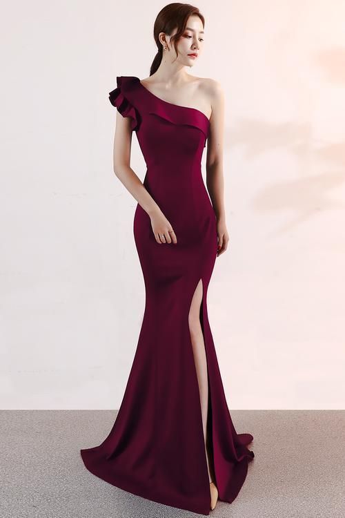 Beautiful Wine Red One Shoulder Slit Mermaid Party Dress, Elegant Prom Dress  cg6121