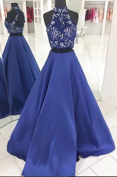 Blue two pieces lace long prom dress, blue evening dress  cg6124