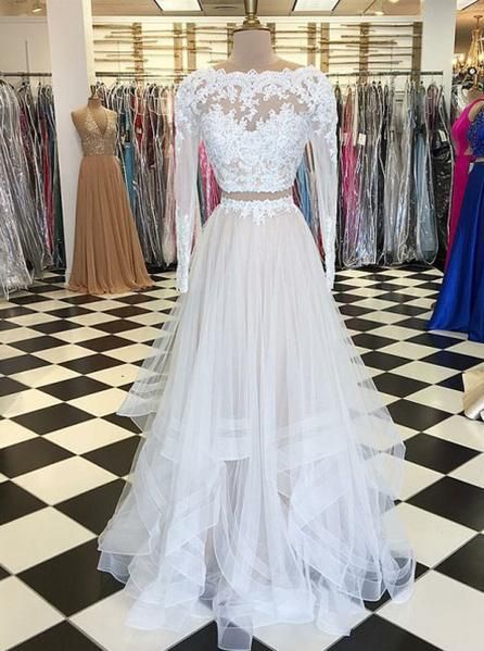 Irregular A Line Scoop Two Piece White Lace Long Sleeves Long Prom Dresses, Elegant Evening Dresses  cg6146