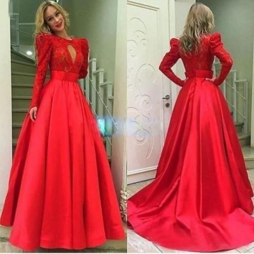 Red Long Sleeves Ball Gown Satin Prom Dresses  cg6147
