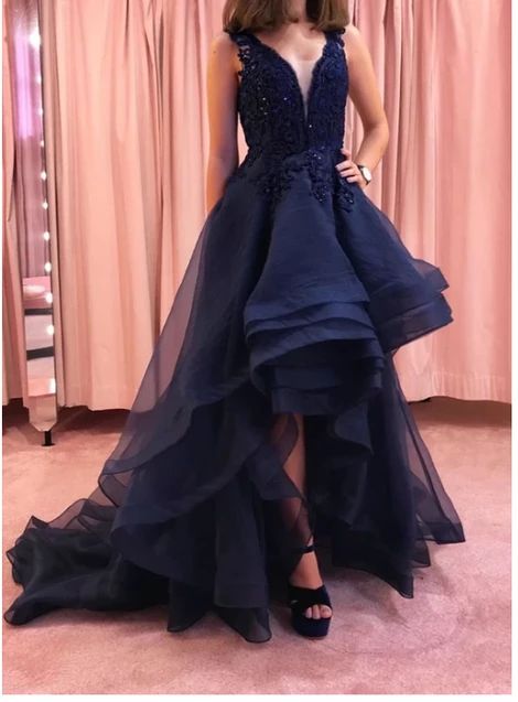 Dark blue v neck lace high low prom dress, evening dress  cg6172