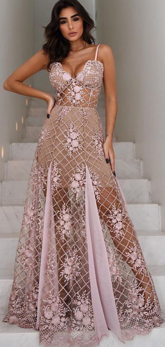 Dutsy Pink See Through Lace Spaghetti Strap A-line Prom Dresses  cg6185