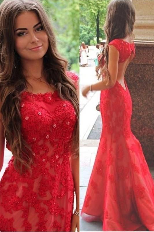 Mermaid Scoop Sweep Train Cap Sleeves Open Back Red Lace Prom Dress  cg6247