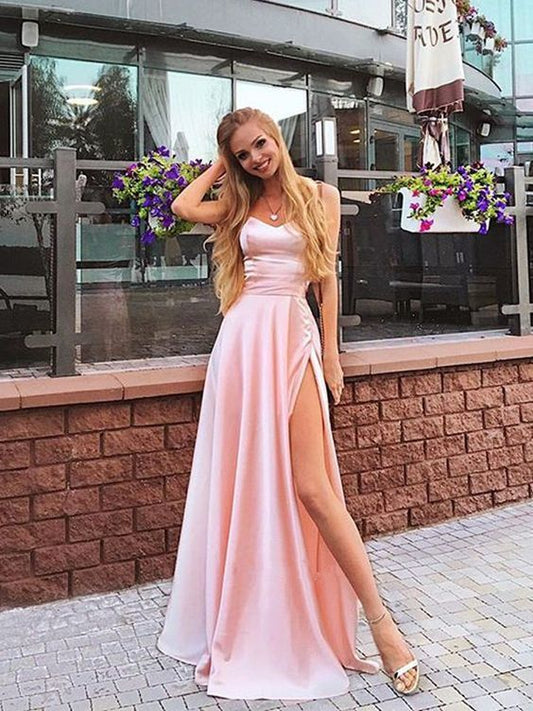Charming A Line Sweetheart Spaghetti Straps Slit Pink Long Prom Dresses, Beautiful Evening Dresses cg630