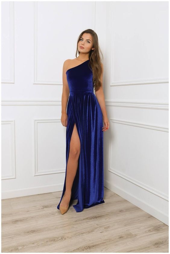 One Shoulder Royal Blue Velvet Prom Dress  cg6358
