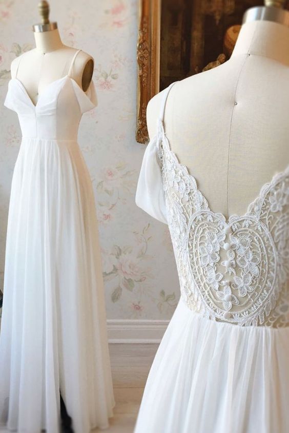 Simple white off shoulder chiffon lace long prom dress evening dress  cg6417