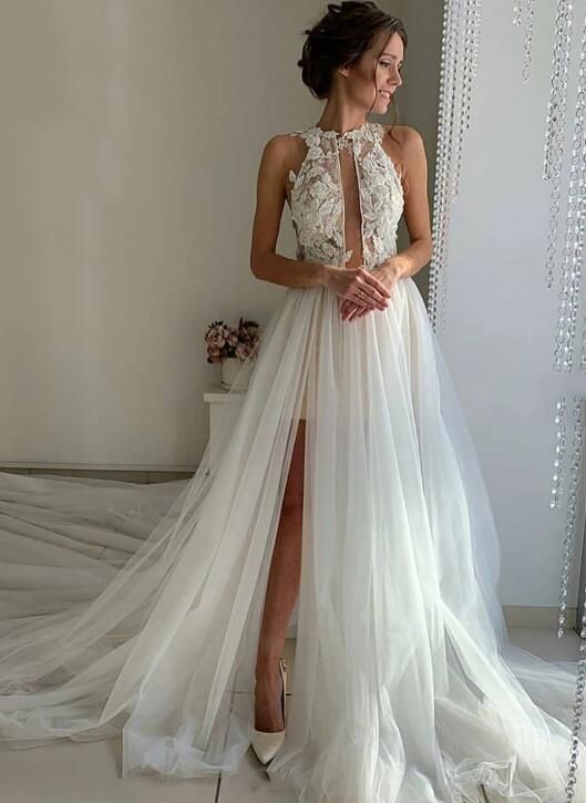 White tulle lace long prom dress, evening dress  cg6472