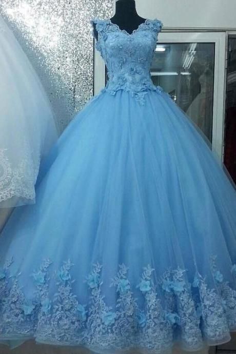 Sky Blue Prom Dresses V Neck Lace Appliques  cg6496
