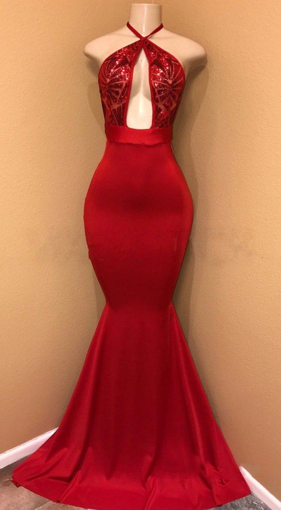 Sexy Red Mermaid Halter Open Front Satin Prom Dresses With Sequence   cg6528