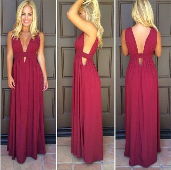 Prom Dress A-line Dark Red Deep V-neck Backless Chiffon Long Prom Gowns  cg6535
