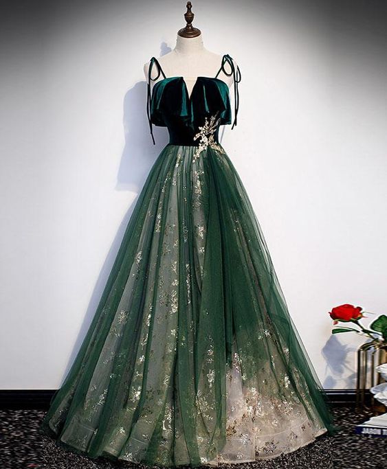 Elegant Green Tulle Lace Long Prom Dress Green Tulle Lace Formal Dress  cg6540