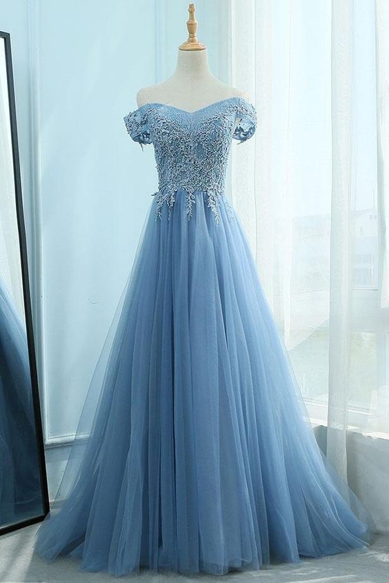 Blue Tulle Off Shoulder Long Senior Prom Dress, Evening Dress With Lace Applique  cg6543