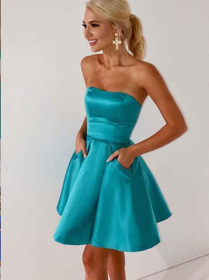 A-Line Strapless Blue Satin Homecoming Dress with Pockets cg659