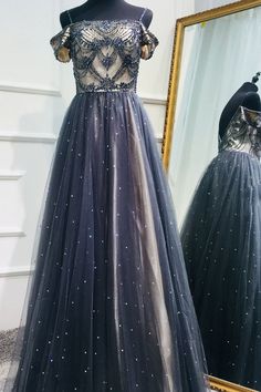 Dark blue tulle sequin beads long prom dress, tulle evening dress  cg6598