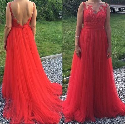 Charming Tulle Red Prom dress, backless long evening prom dress  cg6600