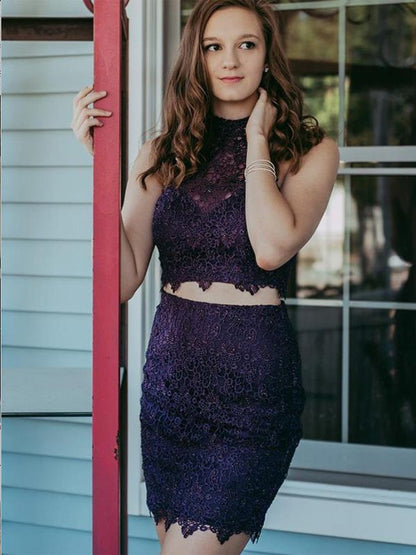 Two Piece Purple Lace Beaded Tight Homecoming Dress cg661