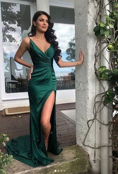 Emerald green long prom dress with split  cg6615