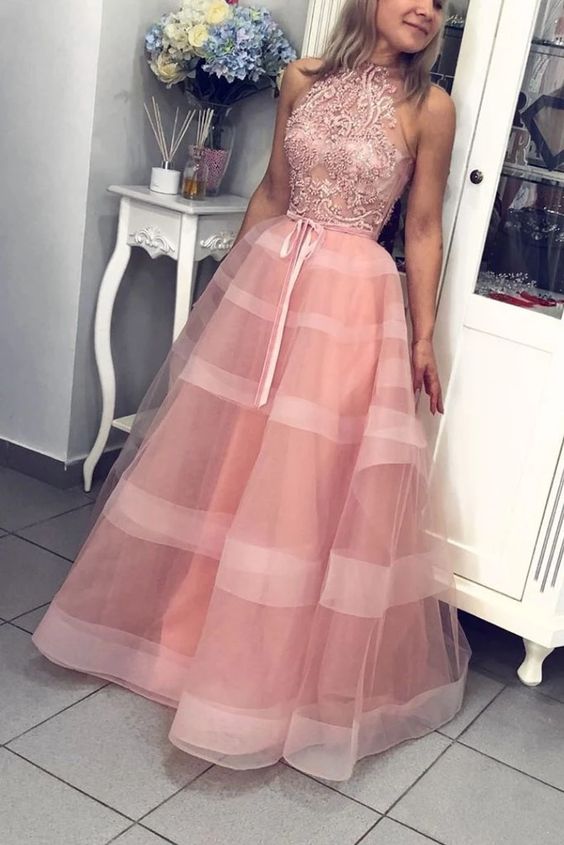 Pink high neck tulle lace long prom dress pink evening dress  cg6630