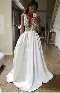 A-Line Deep V-Neck Sweep Train Backless Ivory Satin Prom Dress with Appliques Beading  cg6648