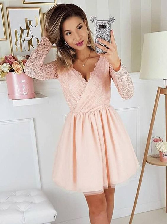 Ball Gown Dresses, A-Line V-Neck Pink Long Sleeves Homecoming Party Dress with Lace  cg6651