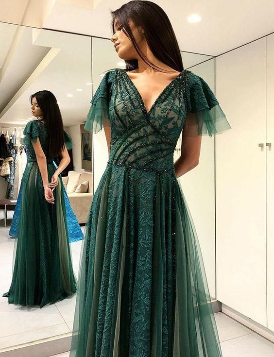 V-Neck Dark Green Evening Dress with Beading Appliques Long Prom Dress  cg6652