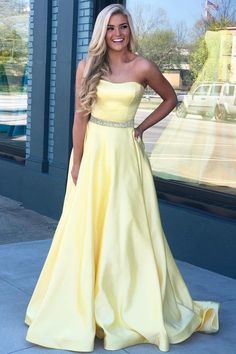 Elegant Yellow Prom Dress with Strapless, Elegant Satin Long Formal Evening Dress  cg6655