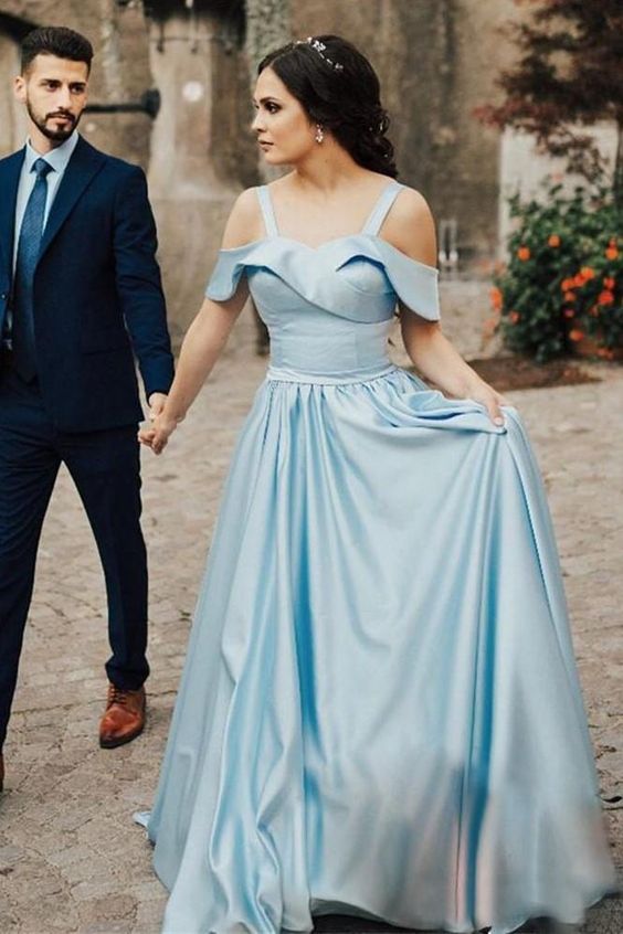 Satin Light Blue Prom Gowns with Folded Neckline Sweetheart Long Prom Dresses  cg6656