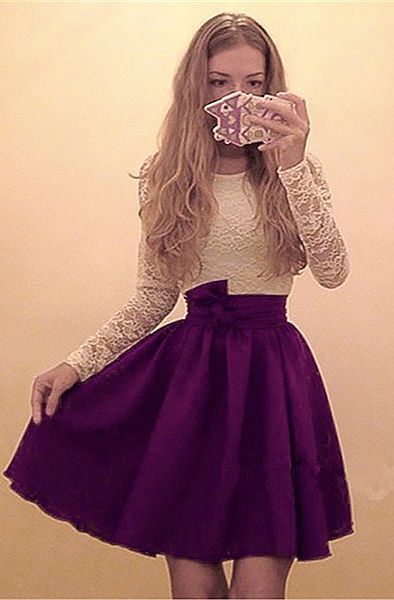 A-Line Round Neck Long Sleeves Purple Short Chiffon Homecoming Dress with Lace  cg6667