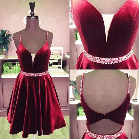 Plus Size Dresses, Cheap A Line Burgundy Sweetheart Spaghetti Straps Velvet Knee Length Short homecoming Dresses  cg6670