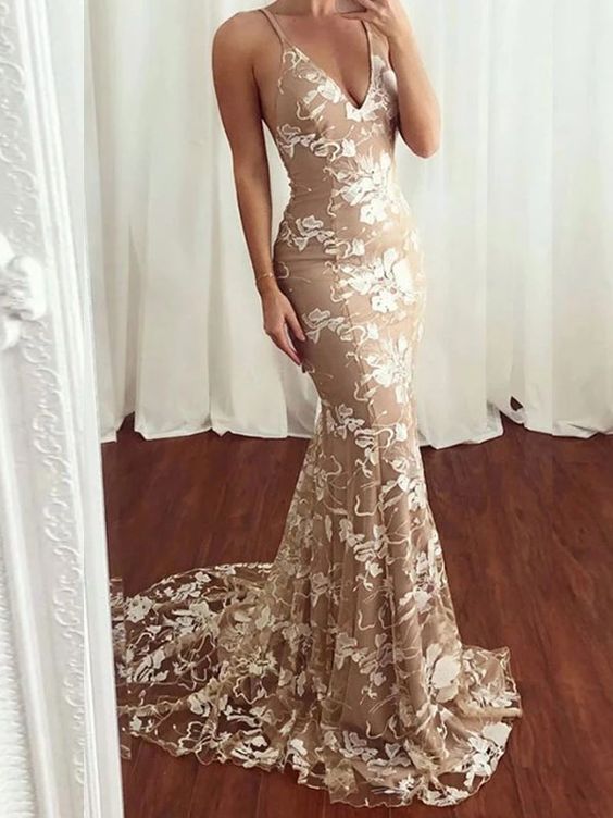 Spaghetti Straps Mermaid Lace Backless Evening prom Dress  cg6684