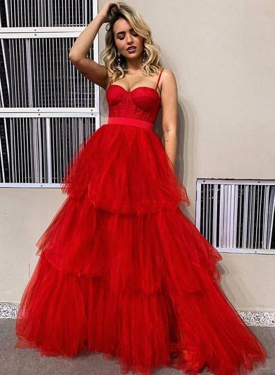 Red tulle long prom dress red evening dress  cg6693
