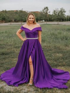A-Line/Princess Off-The-Shoulder Sweetheart Split-Front Beaded Satin Prom Dresses  cg6694