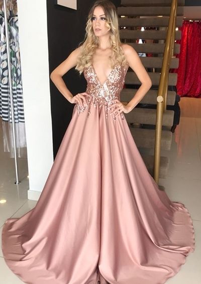 V Neck Spaghetti Straps Blush Sequins Lace Long Prom Dresses, Elegant Evening Dresses  cg6702