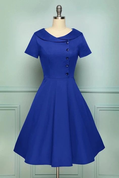 Blue Collared A Line Vintage Button Dress with Sleeves, Short Homecoming Dress  cg6715
