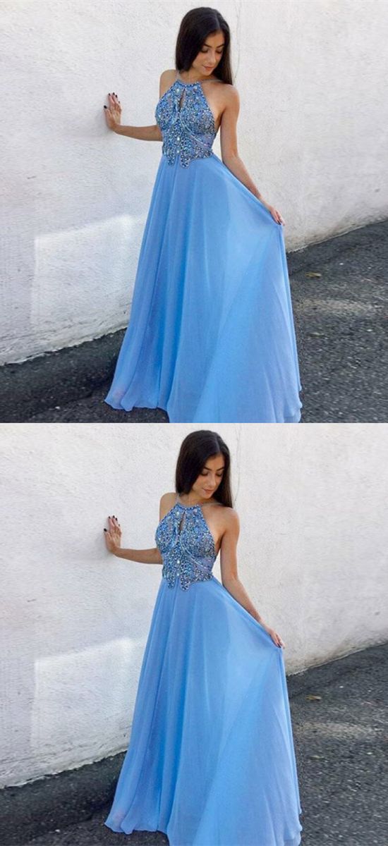 A-Line Round Neck Keyhole Blue Chiffon Prom Dress with Beading cg672