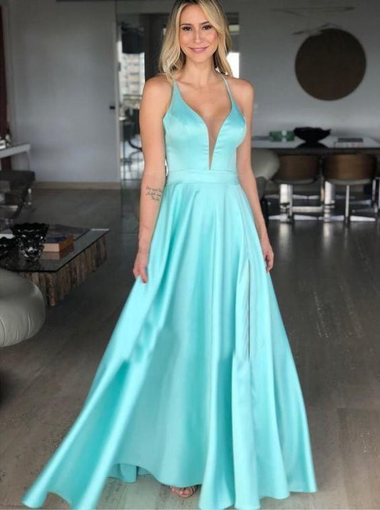 Blue V Neck Long Prom Dress  cg6754