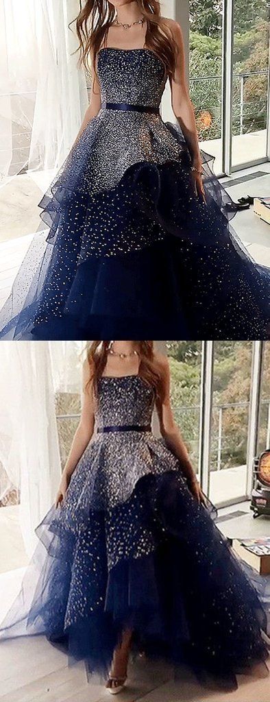 Strapless Navy Blue Starry Night Asymmetry Prom Dresses With Beading  cg679