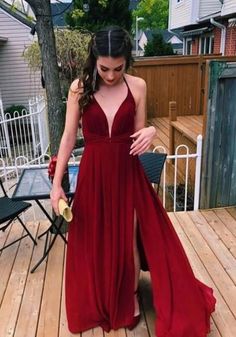 Wine Red Chiffon Slit V-neckline Prom Dress, Junior Prom Dress  cg6842