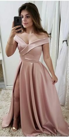 Simple Pink Satin Side Slit Prom Dress Custom Made Off Shoulder School Dance Dresses Fashion Long Evening Party Dresses  cg6843