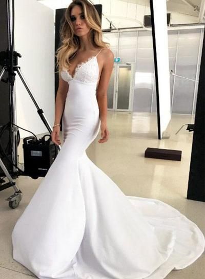 Sexy White Mermaid Prom Dresses V Neck Evening Dress Appliques  cg6863