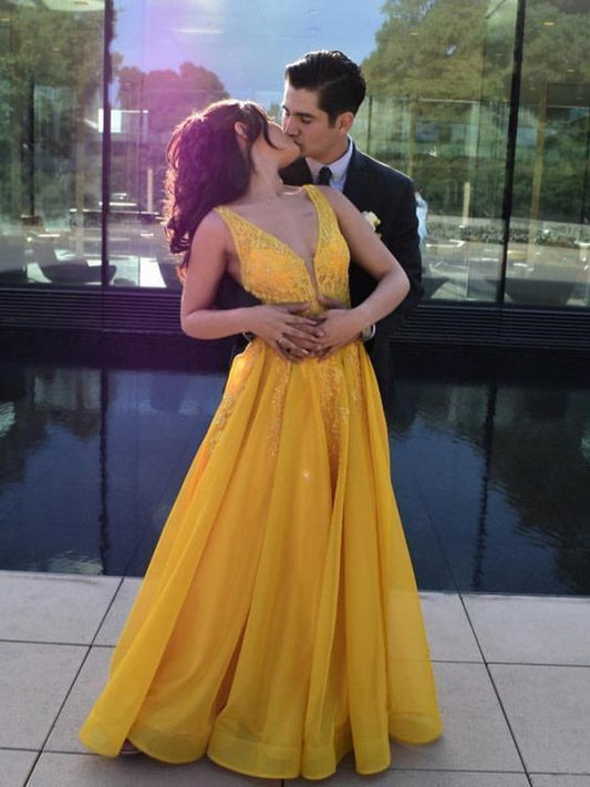 A-line V neck Yellow Long Prom Dress Cheap Formal Party Dress   cg6864