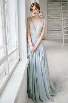 Illusion Bodice Grey Chiffon Evening Dress with Side Drapping Skirt,prom dress  cg6866