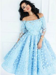 Off Shoulder A-Line 3/4 Sleeves Blue Short Prom Dress with Flowers  cg6887