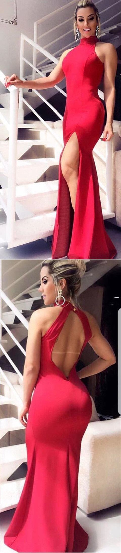 Boho Prom Dress, Red Satin Prom Dresses Long Mermaid Evening Dresses Halter Formal Gowns Sexy Backless Party Graduation Dresses  cg6889