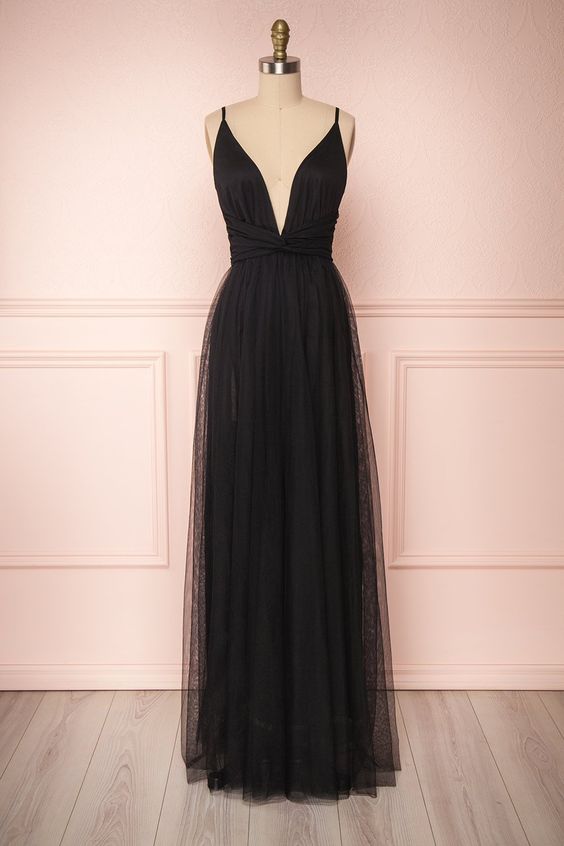 Black Plunging Neckline Tulle Prom Dress,A Line Ball Dress,Evening Dress  cg6905